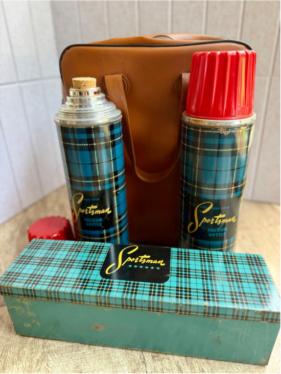 Sportsman Other - Vintage Sportsman Tartan Plaid Picnic Set Thermos Bottles Metal Box Vinyl Case